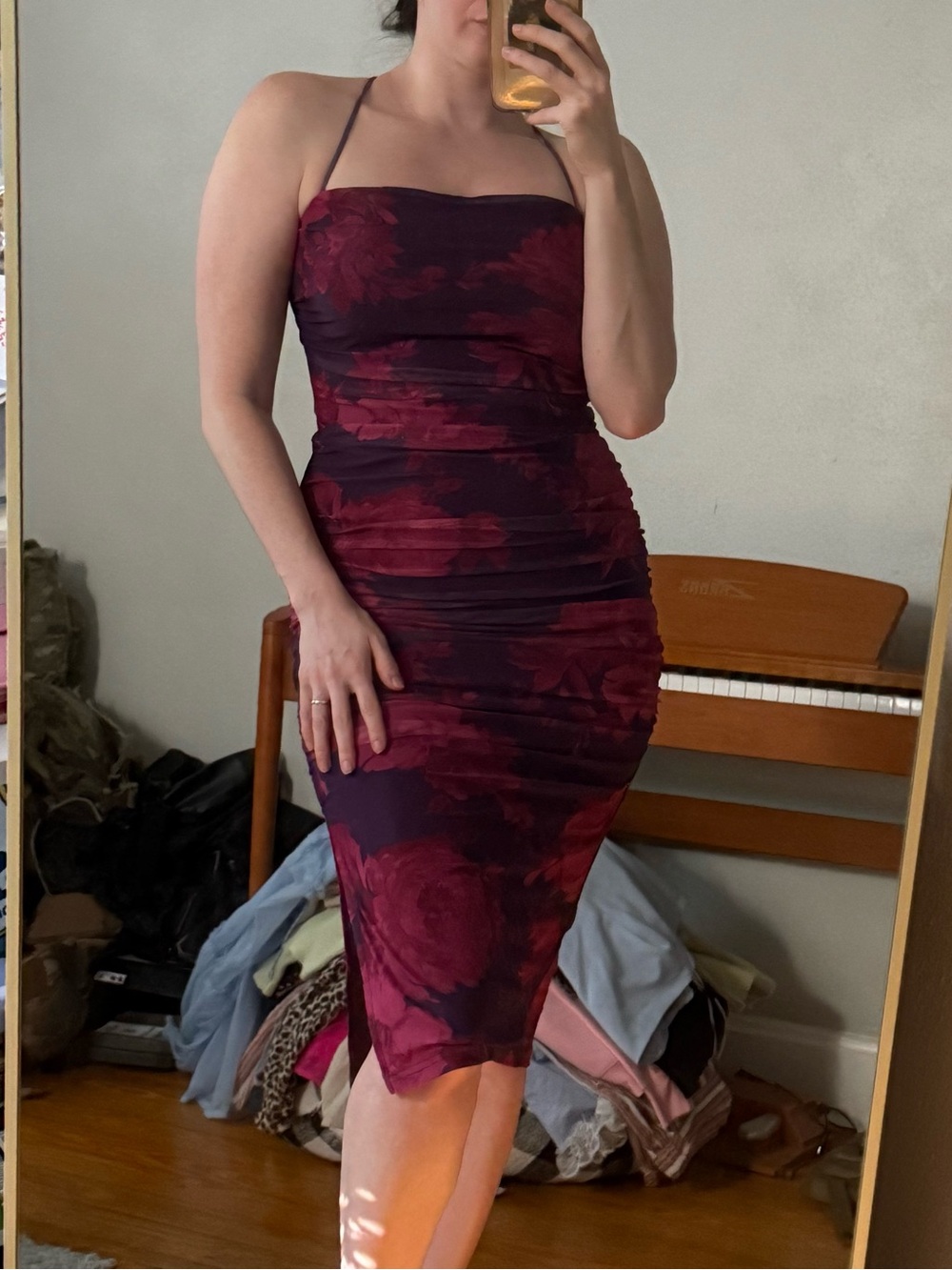 Fashion Nova Burgundy Floral Strapless Midi Dress